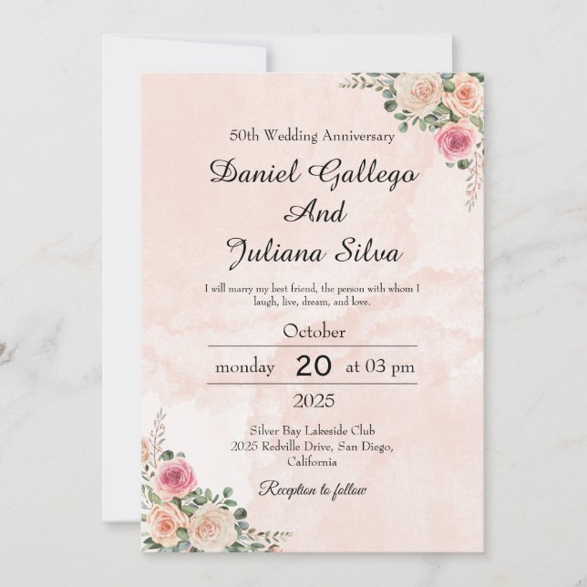 Convites Elegant Pink Cream Floral Wedding Anniversary (Frente)
