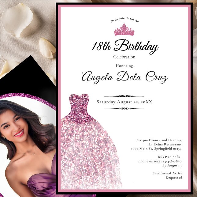 Convites Elegant pink dress 18th birthday debut (Criador carregado)