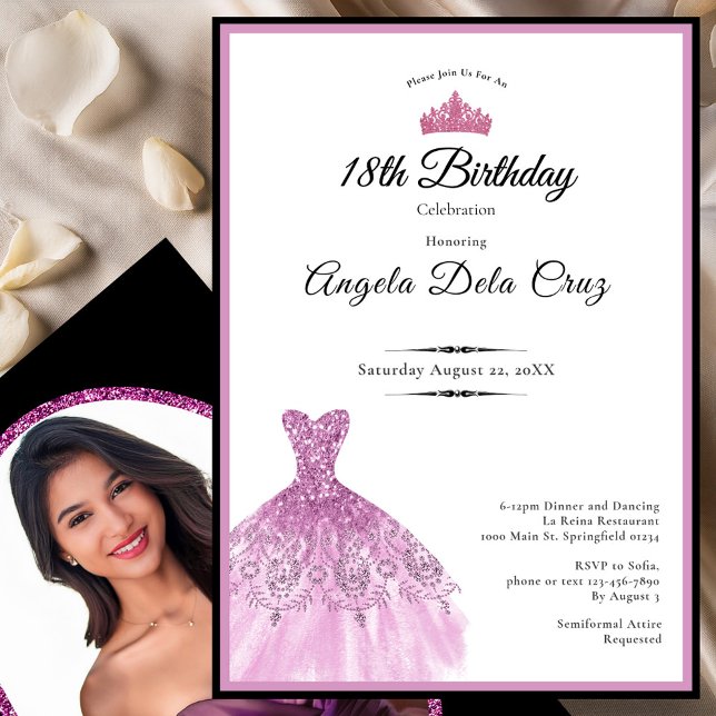 Convites Elegant pink dress 18th birthday debut (Criador carregado)