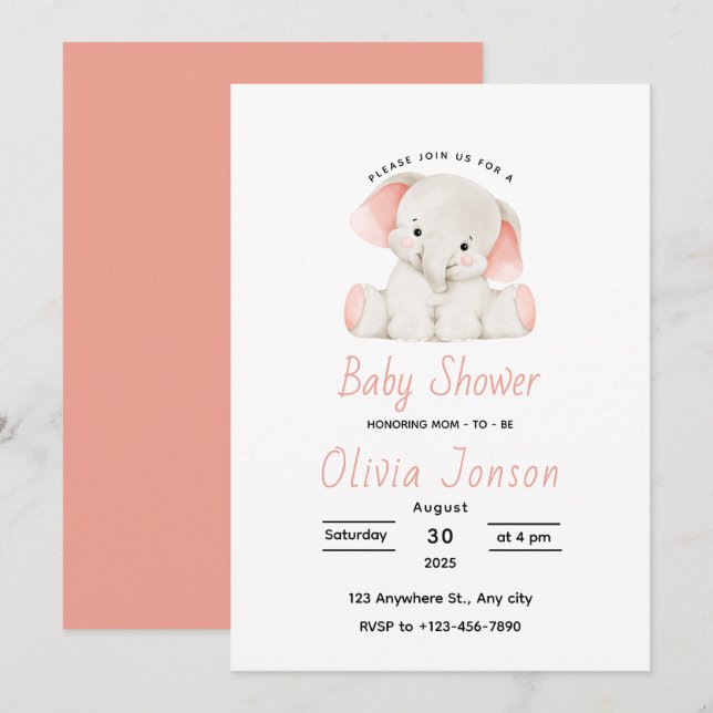 Convites Elegant Pink Elephant Baby Shower Invitation (Frente/Verso)