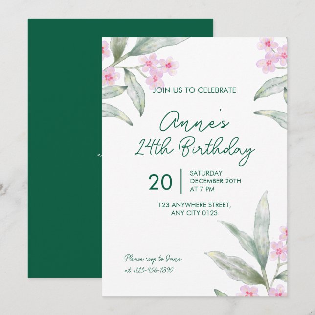 Convites Elegant Pink Floral 24th Birthday Invitation (Frente/Verso)