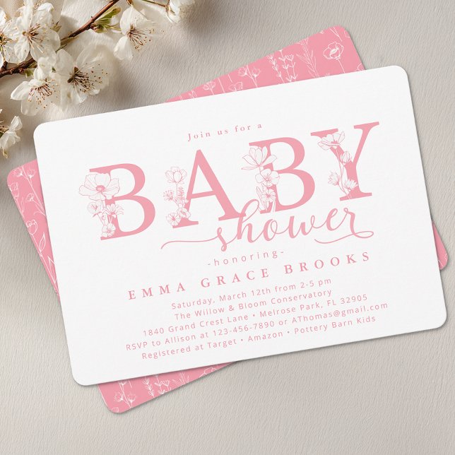 Convites Elegant Pink Floral Baby Shower Typography (Pink Floral Baby Shower Invite)