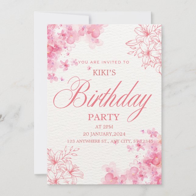 Convites Elegant Pink Floral Birthday Invitation (Frente)