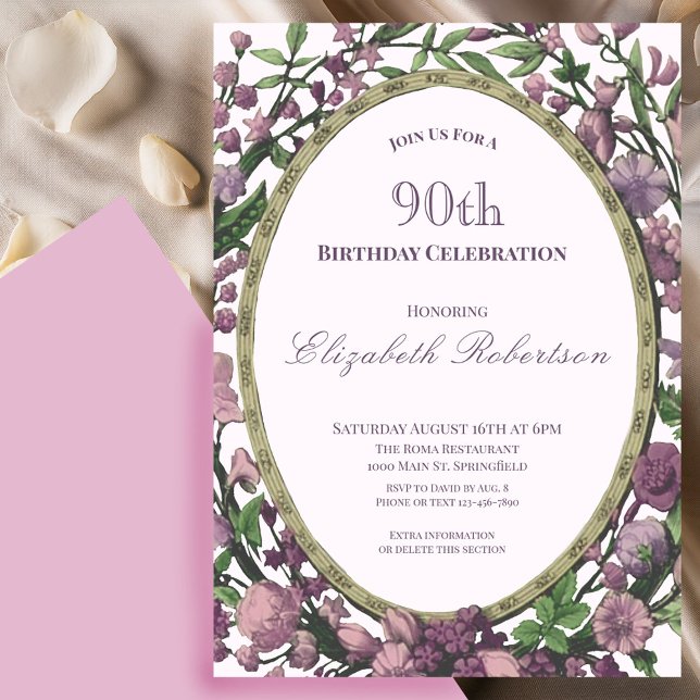 Convites Elegant Pink Floral Border Women's 90th Birthday  (Criador carregado)