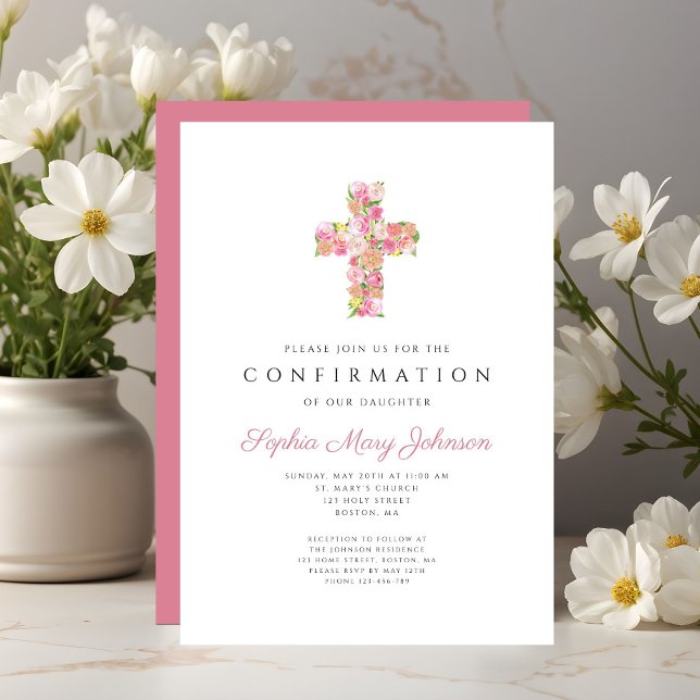 Convites Elegant Pink Floral Cross Girl Confirmation (Elegant Pink Floral Cross Girl Confirmation Invitation)