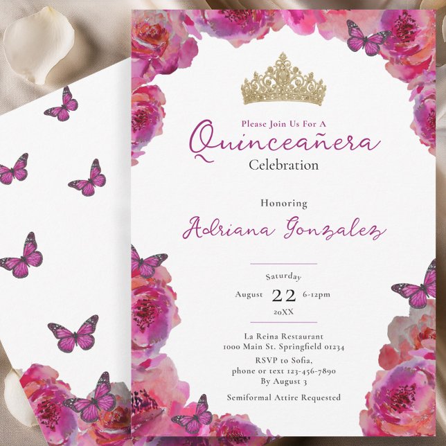 Convites Elegant Pink Floral Crown Quinceanera (Criador carregado)