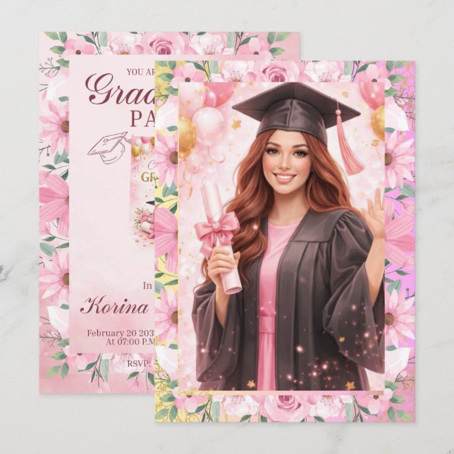 Convites Elegant Pink Floral Graduation Party Invitation (Frente/Verso)