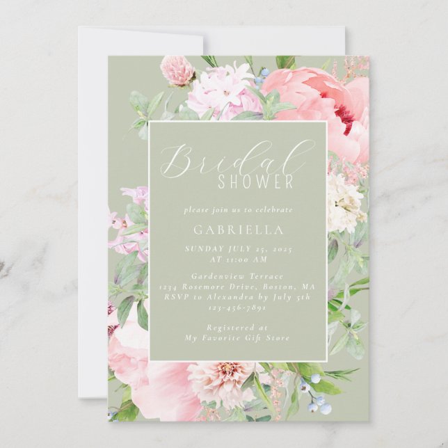Convites Elegant Pink Floral Light Sage Green Bridal Shower (Frente)