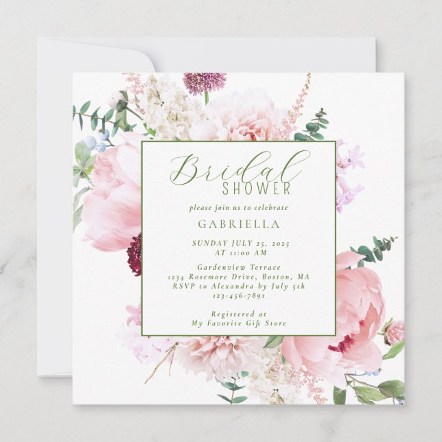 Convites Elegant Pink Floral Light Sage Green Bridal Shower (Frente)