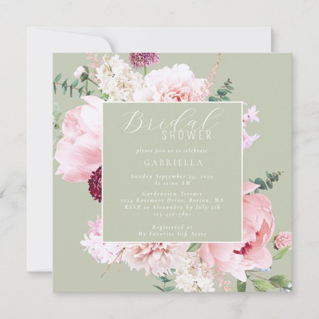 Convites Elegant Pink Floral Light Sage Green Bridal Shower (Frente)