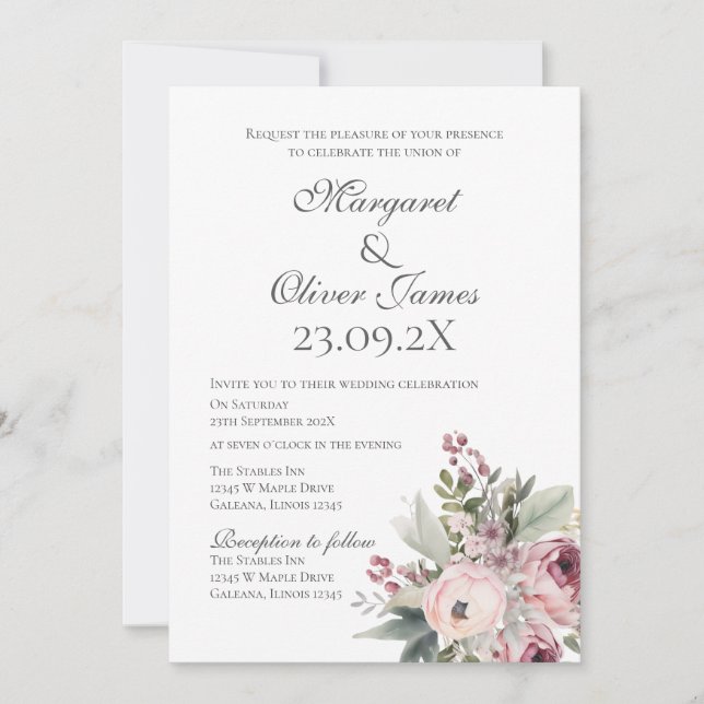 Convites Elegant Pink Floral Wedding Invitation (Frente)