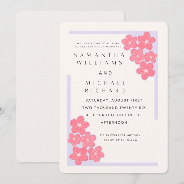 Convites Elegant Pink Floral Wedding Invitation - Customiza (Frente/Verso)