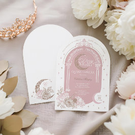 Convites Elegant Pink Florals Moon Stars Tiara Quinceañera