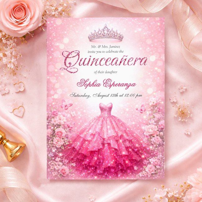 Convites Elegant Pink & Fuchsia Quinceanera (Criador carregado)