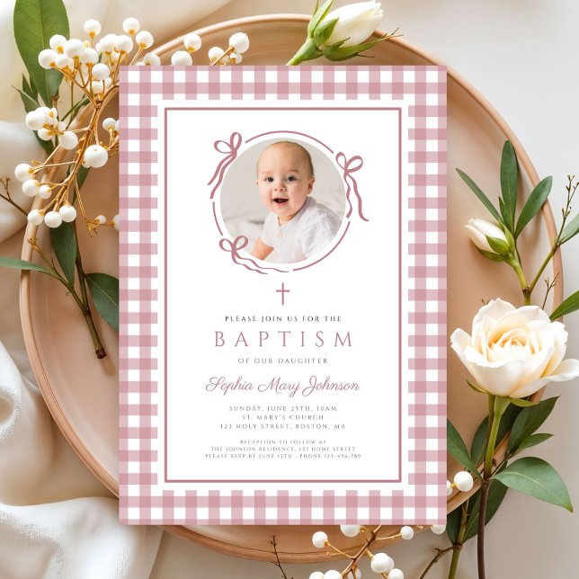 Convites Elegant Pink Gingham Bow Photo Girl Baptism (Elegant Pink GIngham Bow Photo Girl Baptism Invitation)