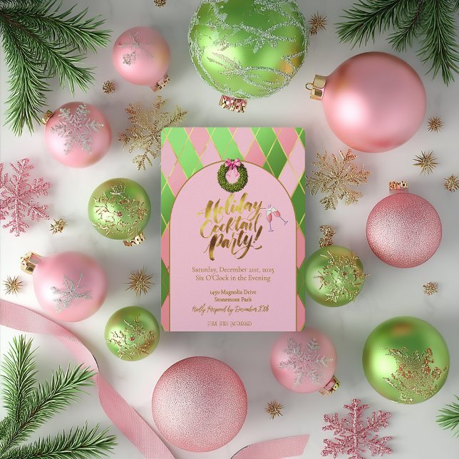 Convites Elegant Pink & Green Argyle Holiday Cocktail Party (Holiday Cocktail Party Pink and Green Argyle Holiday Party Invitation )