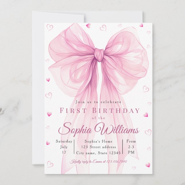 Convites Elegant Pink Heart Bow Baby Shower Invitation (Frente)