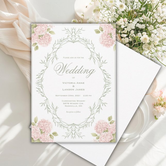 Convites Elegant Pink Hydrangeas Vintage Wedding Invitation (Criador carregado)
