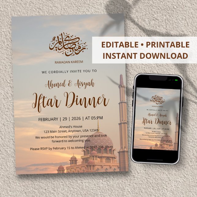 Convites Elegant Pink Mosque Sunset Iftar Dinner Invitation (Criador carregado)