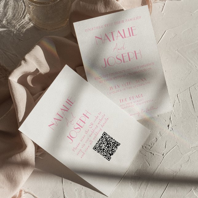Convites Elegant Pink Orange Stylish QR Code Wedding (Criador carregado)