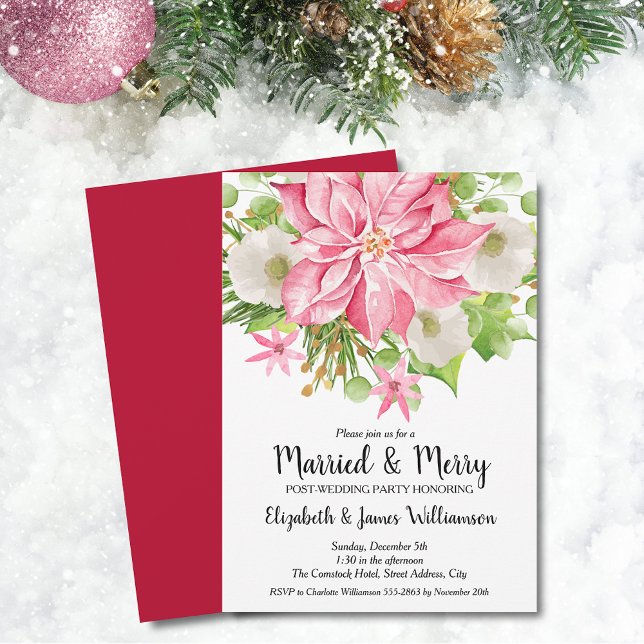 Convites Elegant Pink Poinsettia Christmas Wedding Brunch (Elegant Pink Poinsettia Christmas Married & Merry Post-Wedding Brunch Invitations)