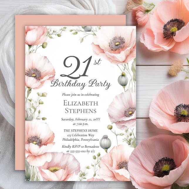 Convites Elegant Pink Poppies Floral 21st Birthday Party (Boho Elegant Pale Pink Poppies Floral 21st Birthday Party Invitation - Print | Digital Download)