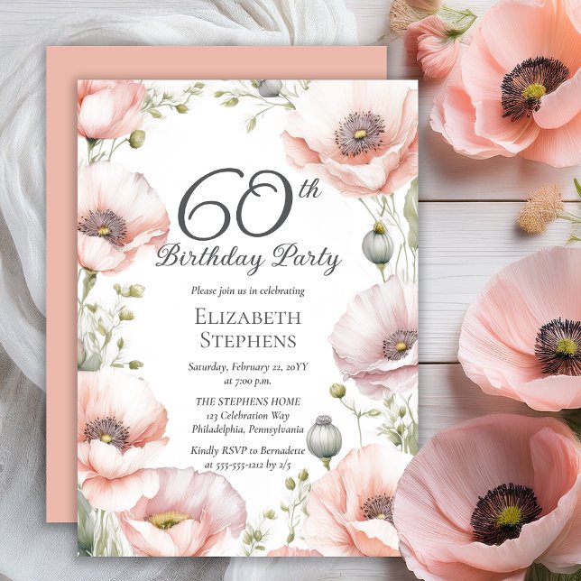 Convites Elegant Pink Poppies Floral 60th Birthday Party (Boho Elegant Pale Pink Poppies Floral 60th Birthday Party Invitation - Print | Digital Download)