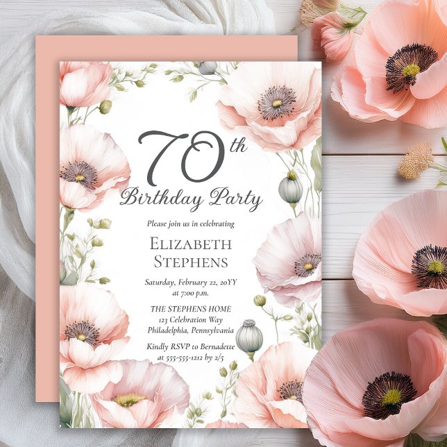 Convites Elegant Pink Poppies Floral 70th Birthday Party (Boho Elegant Pale Pink Poppies Floral 70th Birthday Party Invitation - Print | Digital Download)
