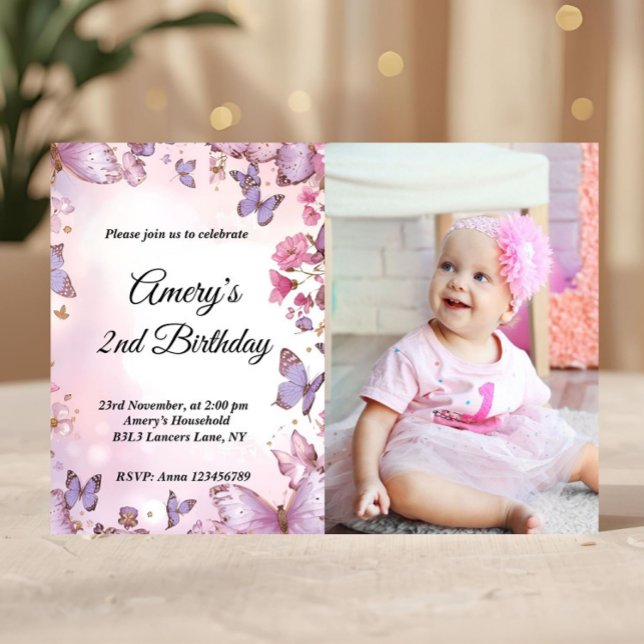 Convites Elegant Pink Purple Butterfly Birthday Photo (Criador carregado)