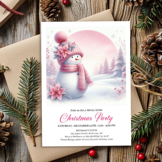 Convites Elegant Pink Snowman Kids Editable Christmas Invit (Elegant Pink Snowman Kids Editable Christmas Invitation

)