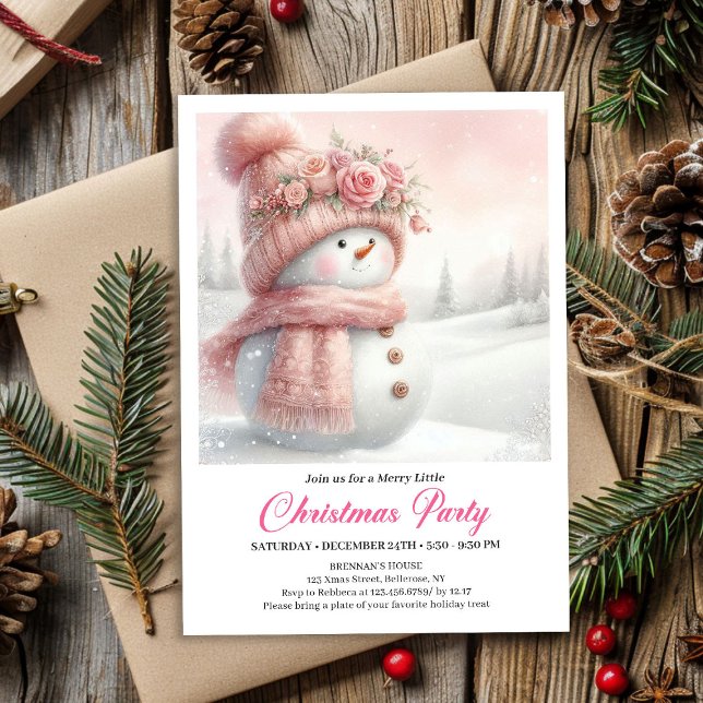 Convites Elegant Pink Snowman Kids Editable Digital Xmas (Elegant Pink Snowman Kids Editable Digital Christmas Invitation

)