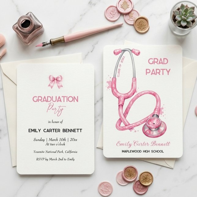 Convites Elegant Pink Stethoscope Nurse Doctor Graduation (Criador carregado)