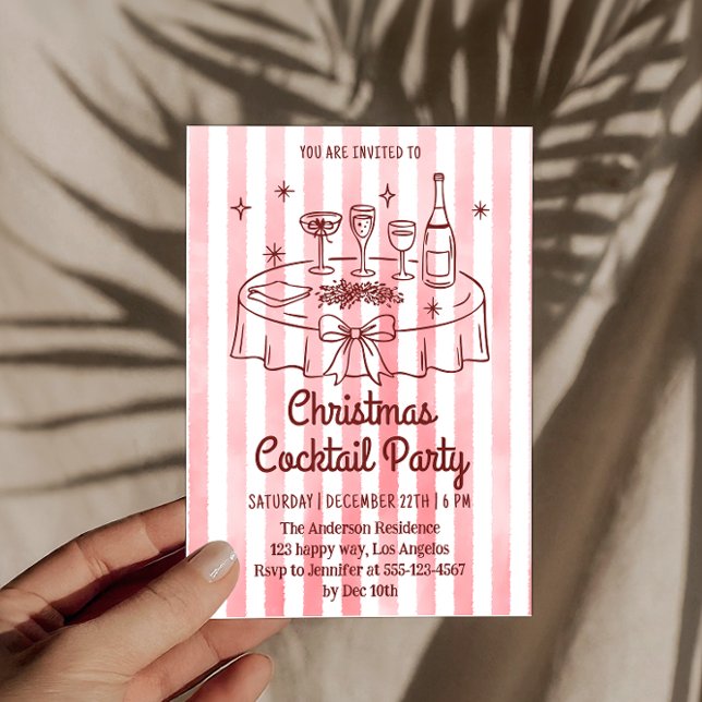 Convites Elegant Pink Striped Christmas Cocktail Party (Criador carregado)