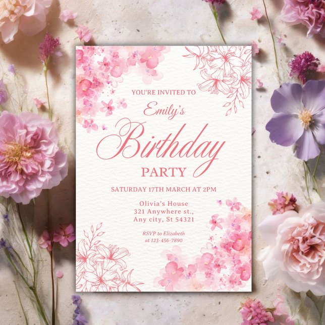 Convites Elegant Pink Watercolor Floral Birthday Party (Criador carregado)
