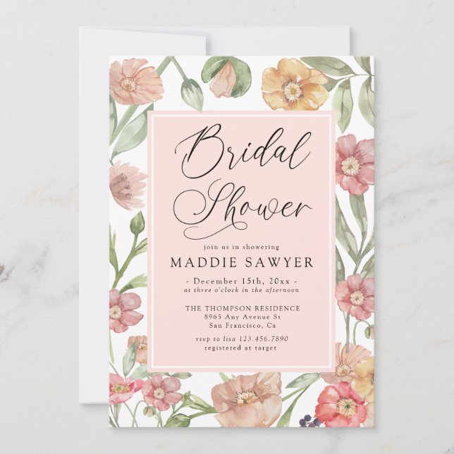 Convites Elegant Pink Watercolor Floral Bridal Shower (Frente)
