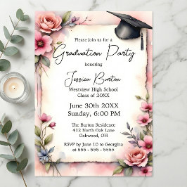 Convites Elegant Pink Watercolor Floral Roses Graduation