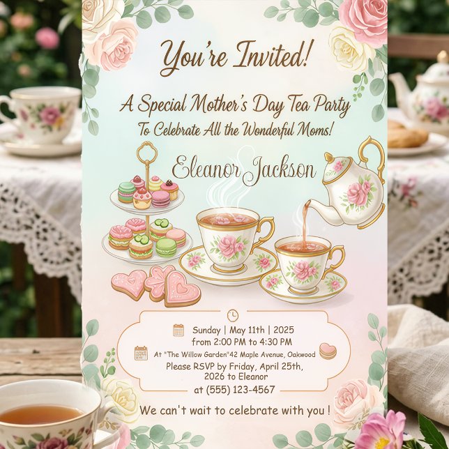 Convites Elegant Pink Watercolor Mother's Day Tea Party (Criador carregado)