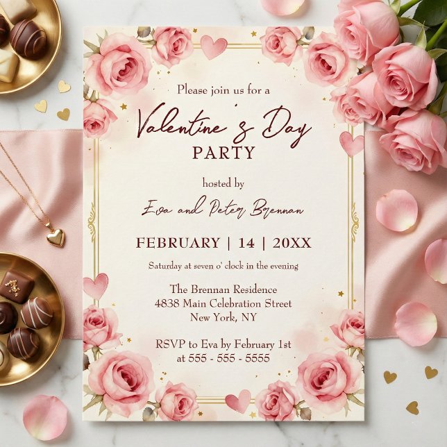 Convites Elegant Pink Watercolor Valentine's Day Party (Criador carregado)