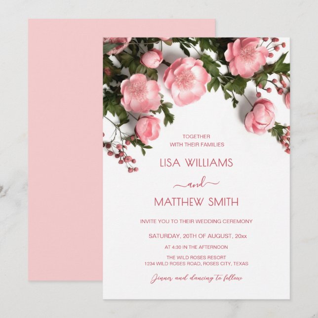 Convites Elegant Pink White 3D Roses Wedding (Frente/Verso)