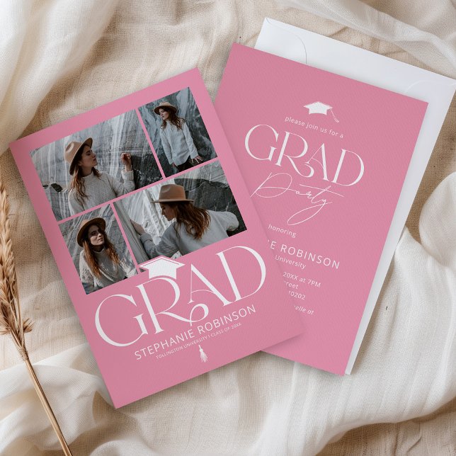 Convites Elegant Pink & White 4 Photo Graduation Party (Criador carregado)