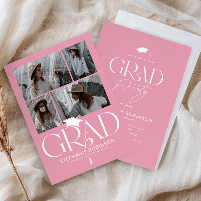 Convites Elegant Pink & White 4 Photo Graduation Party (Criador carregado)