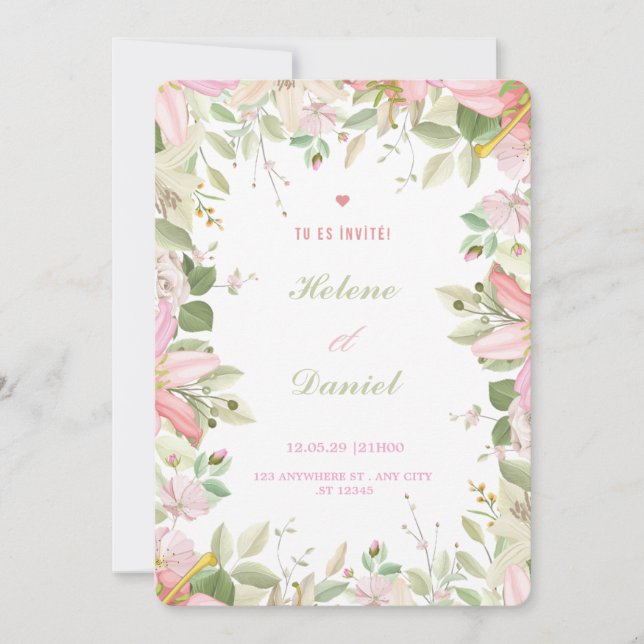 Convites Elegant Pink & White Floral French Invitation Card (Frente)