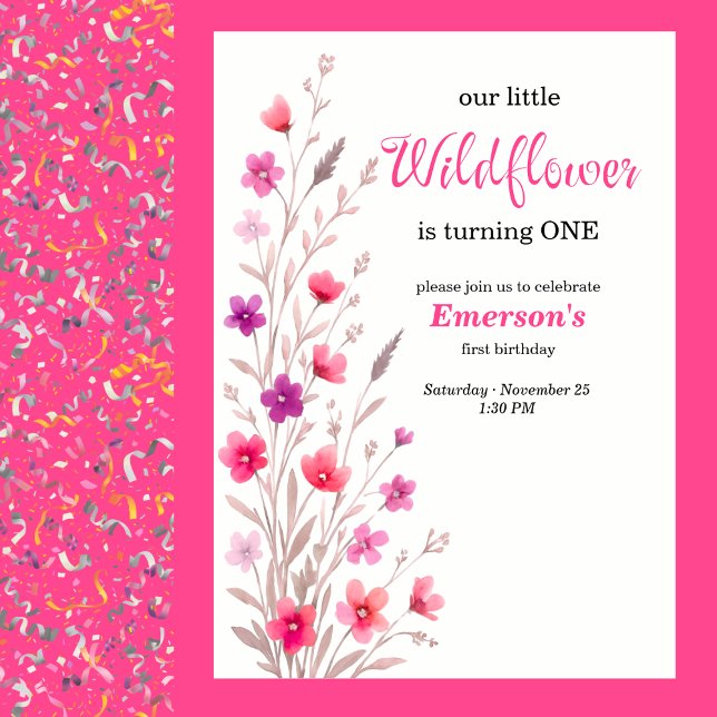 Convites Elegant Pink Wildflower 1st Birthday Party (Criador carregado)