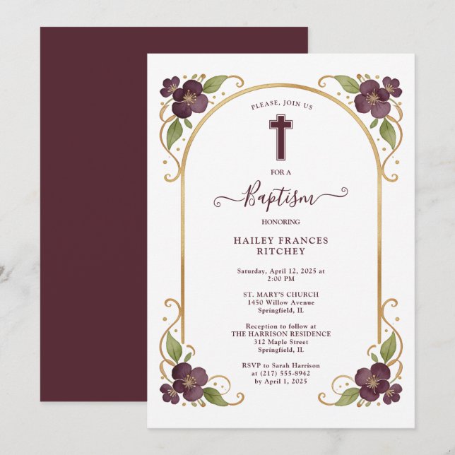Convites Elegant Plum Floral Gold Arch Baptism Celebration  (Frente/Verso)