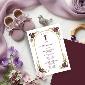 Convites Elegant Plum Floral Gold Arch Baptism Celebration