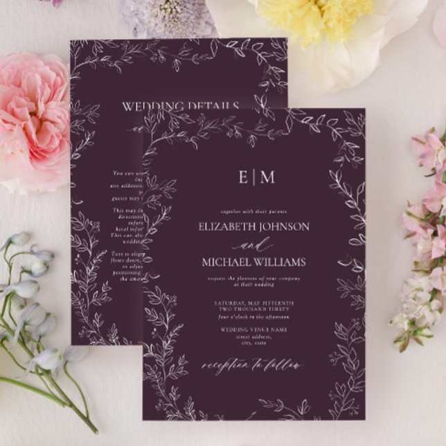 Convites Elegant Plum Purple Leaf Monogram Details Wedding (Criador carregado)