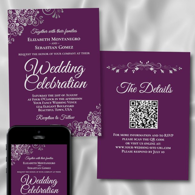 Convites Elegant Plum Purple & Silver QR Code Wedding (Front/Back/Downloadable)