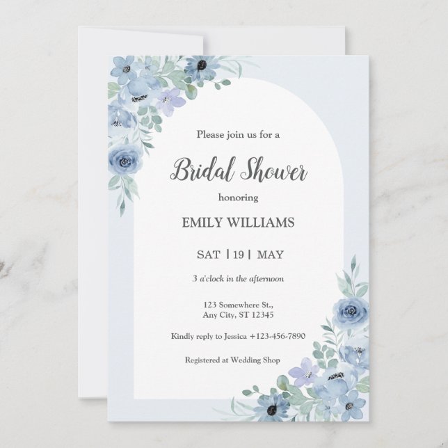 Convites Elegant Powder Blue Flowers Bridal Shower (Frente)
