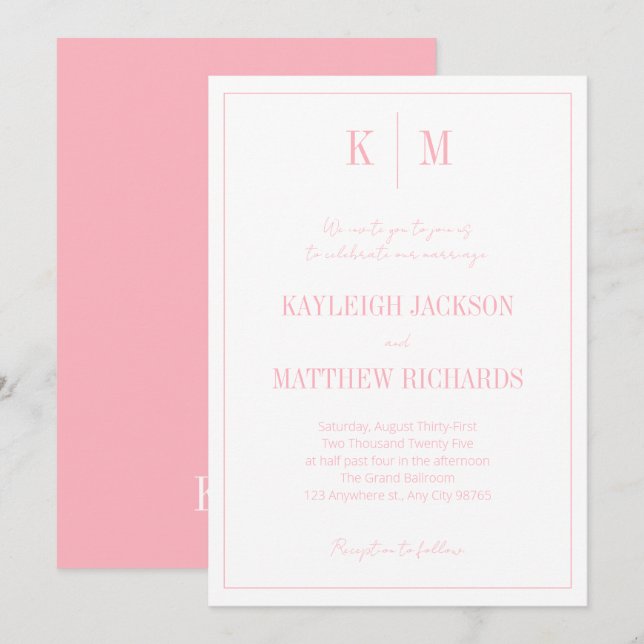 Convites Elegant Powder Pink Monogram Wedding  (Frente/Verso)