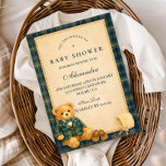 Convites Elegant Preppy Teddy Bear Baby Shower<br><div class="desc">A charming preppy baby shower design featuring a sweet teddy bear dressed in a classic green plaid jacket and bow tie. Above the bear, a delicate clothesline displays tiny baby clothes and shoes, creating a nostalgic storybook nursery scene. The deep navy background and subtle tartan border add a refined, vintage-inspired...</div>